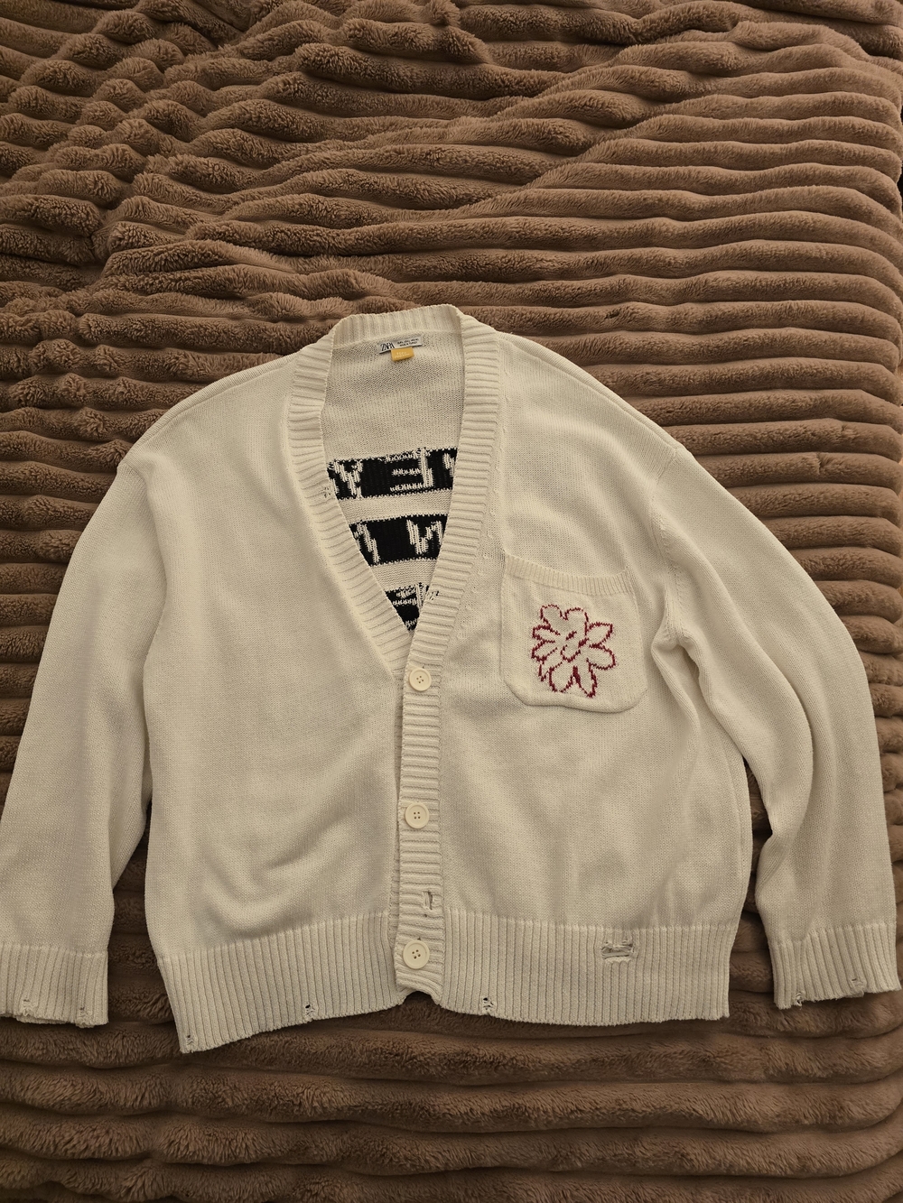 Zara X Pepe Moreno Cream Men’s Button-Front Cardigan with Red Flower Pocket
